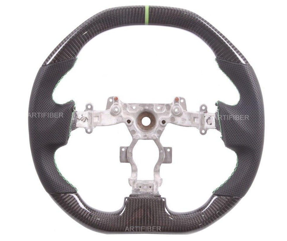 Carbon Fiber Steering Wheel / Green Stripe / Black Perforated Leather (370Z) - Rico's Garage